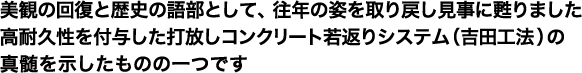 美観の回復と歴史の語部として、往年の姿を取り戻し見事に甦りました
高耐久性を付与した打放しコンクリート若返りシステム（吉田工法）の
真髄を示したものの一つです