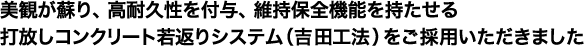 美観が蘇り、高耐久性を付与、維持保全機能を持たせる打放しコンクリート若返りシステム（吉田工法）をご採用いただきました